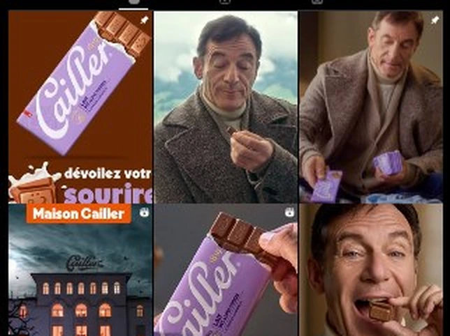 Le fil Instagram de Cailler : une tablette de chocolat au lait dans son emballage violet et des images de la campagne publicitaire