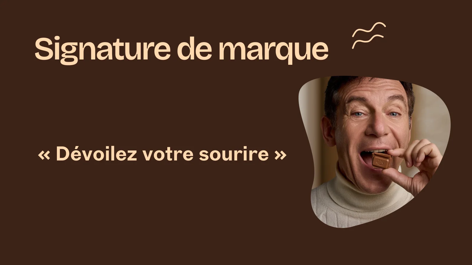 Diapositive « Signature de marque » : « Dévoilez votre sourire », avec un homme qui croque un chocolat en souriant