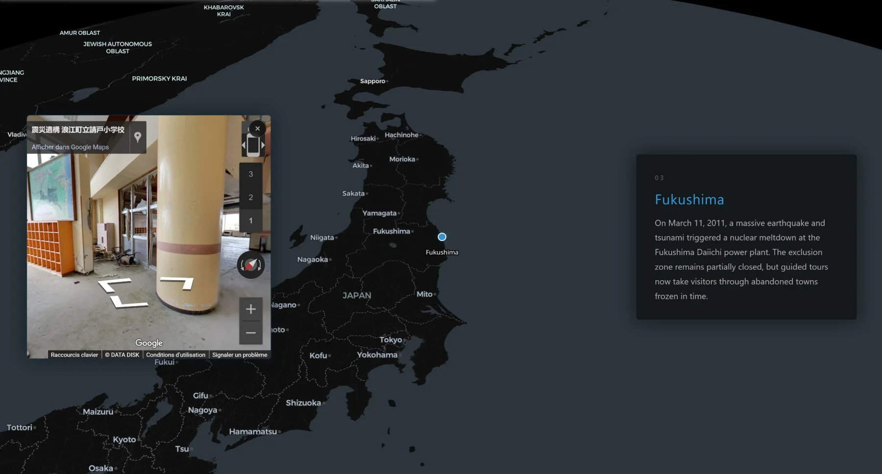 Le site Dark Tourism : carte du Japon avec Fukushima et une vue Street View