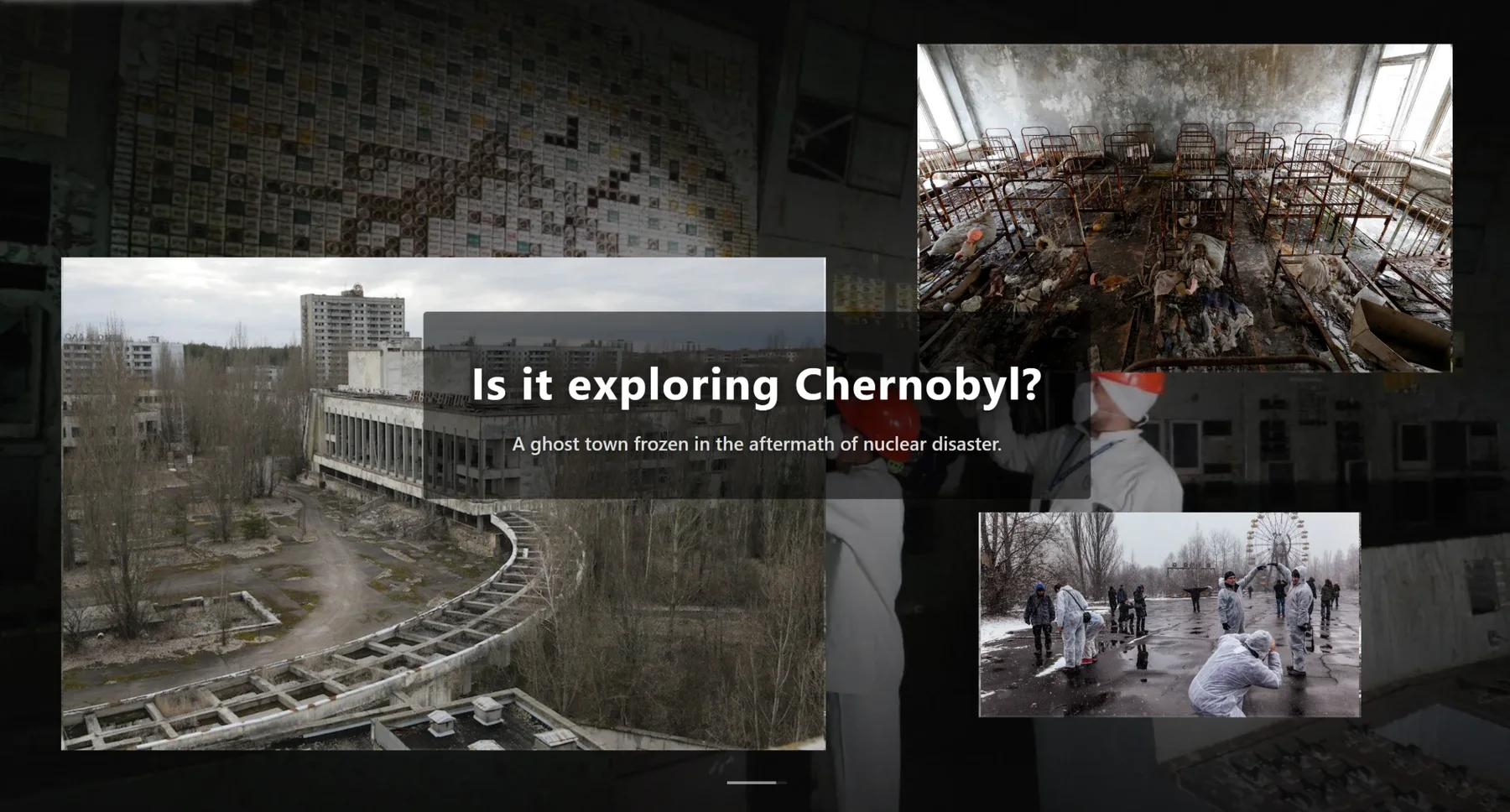 Écran d'introduction du site : « Is it exploring Chernobyl? », sur des photos de Pripyat