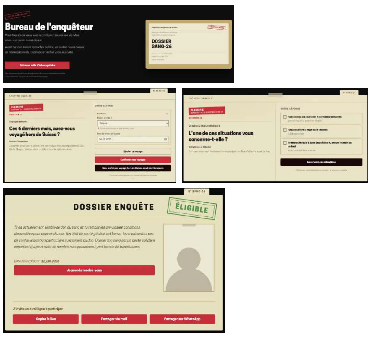 Captures de l'enquête : le bureau de l'inspecteur, des questions et le dossier d'enquête