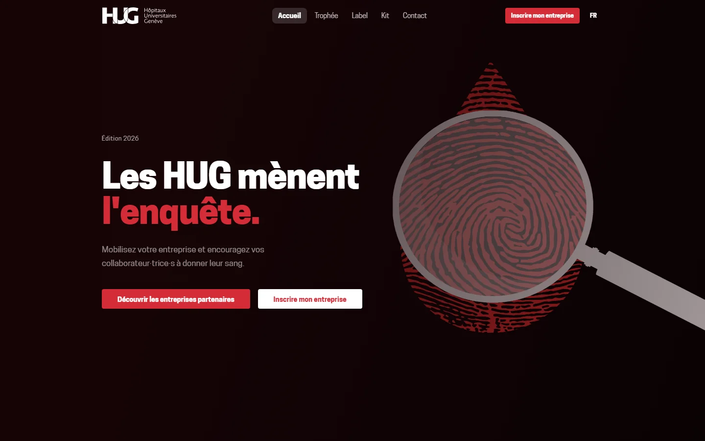 Page d'accueil du site Donnez votre sang : « Les HUG mènent l'enquête »