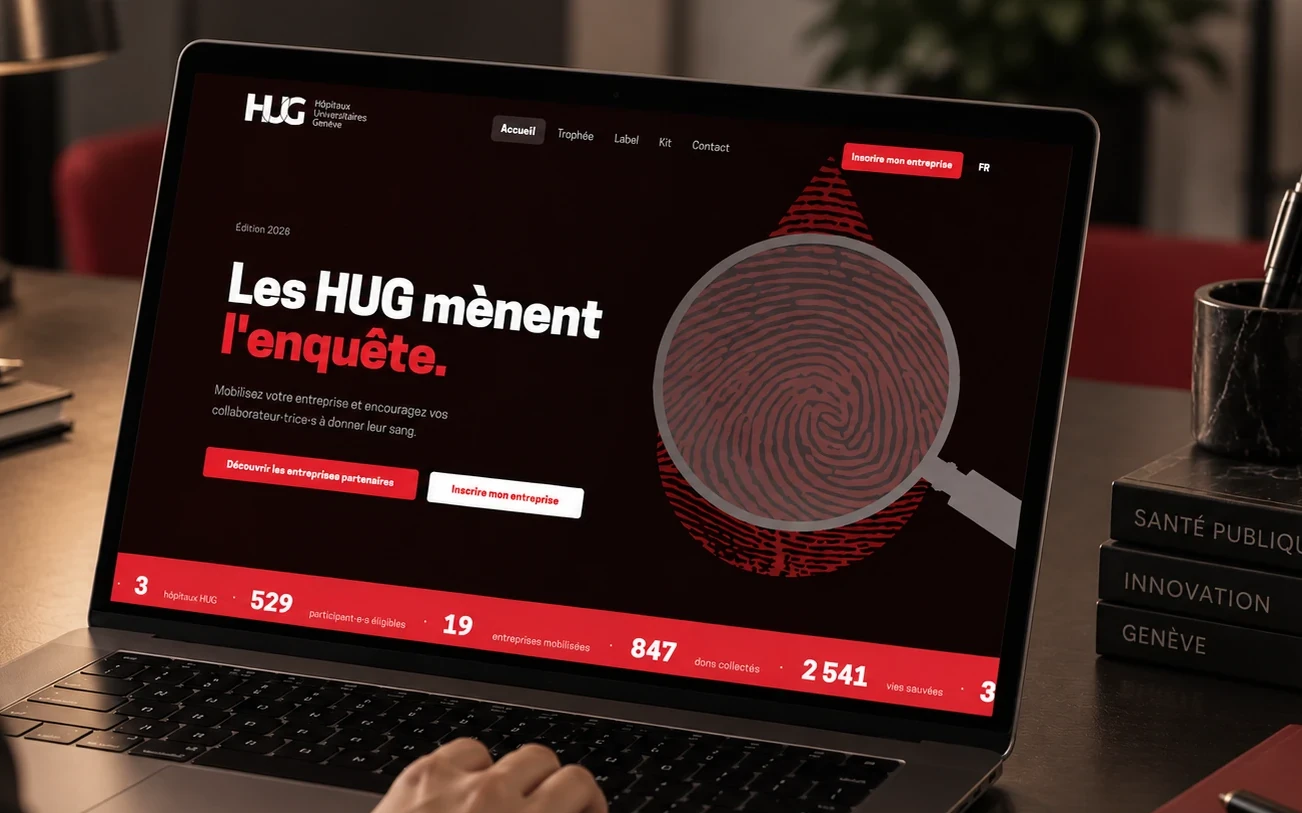 Le site de la campagne de don du sang des HUG affiché sur un ordinateur portable : page d'accueil « Les HUG mènent l'enquête », avec une empreinte digitale sous une loupe