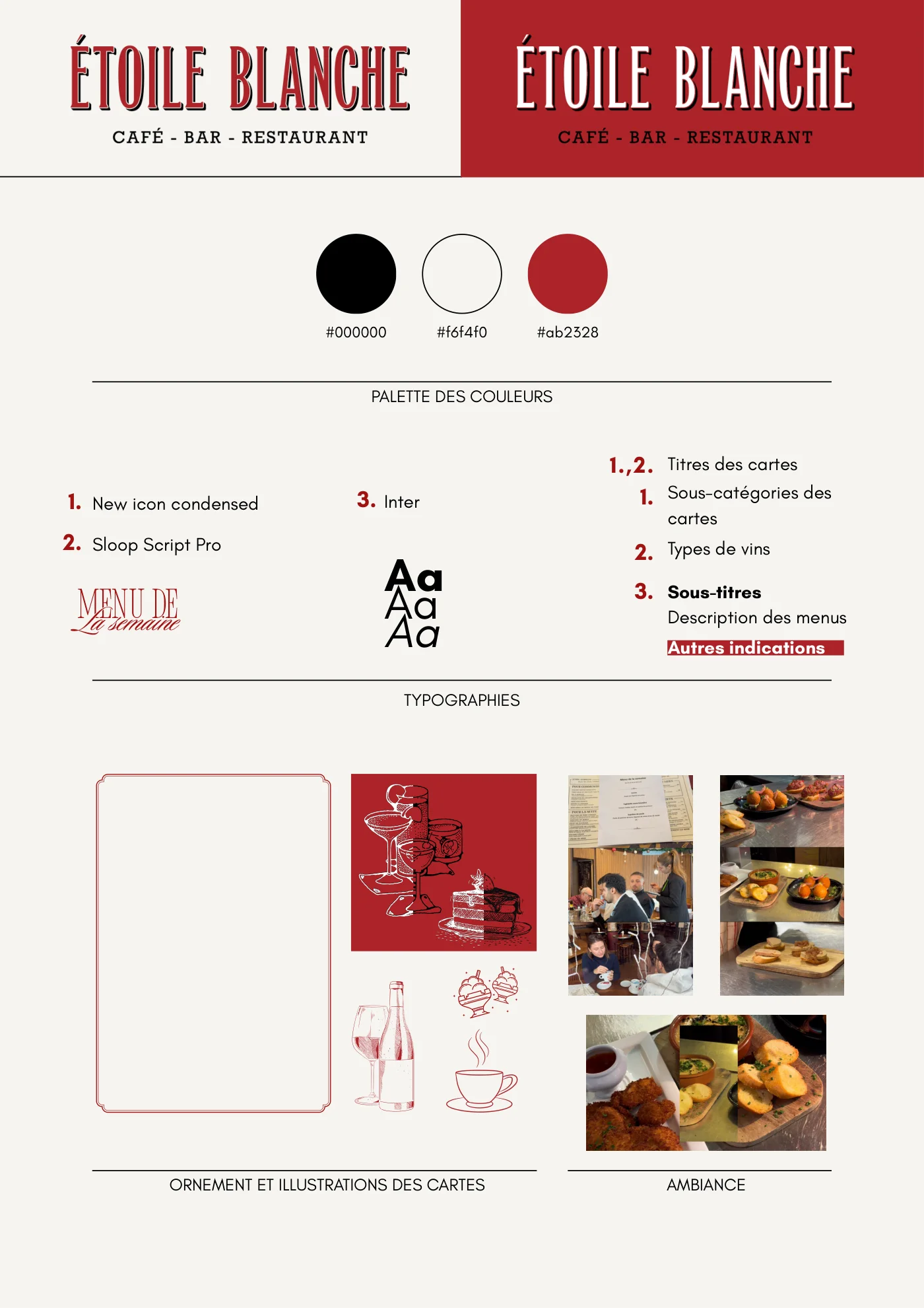 Charte graphique de l'Étoile Blanche : logo, palette noir, blanc cassé et rouge, typographies et ornements