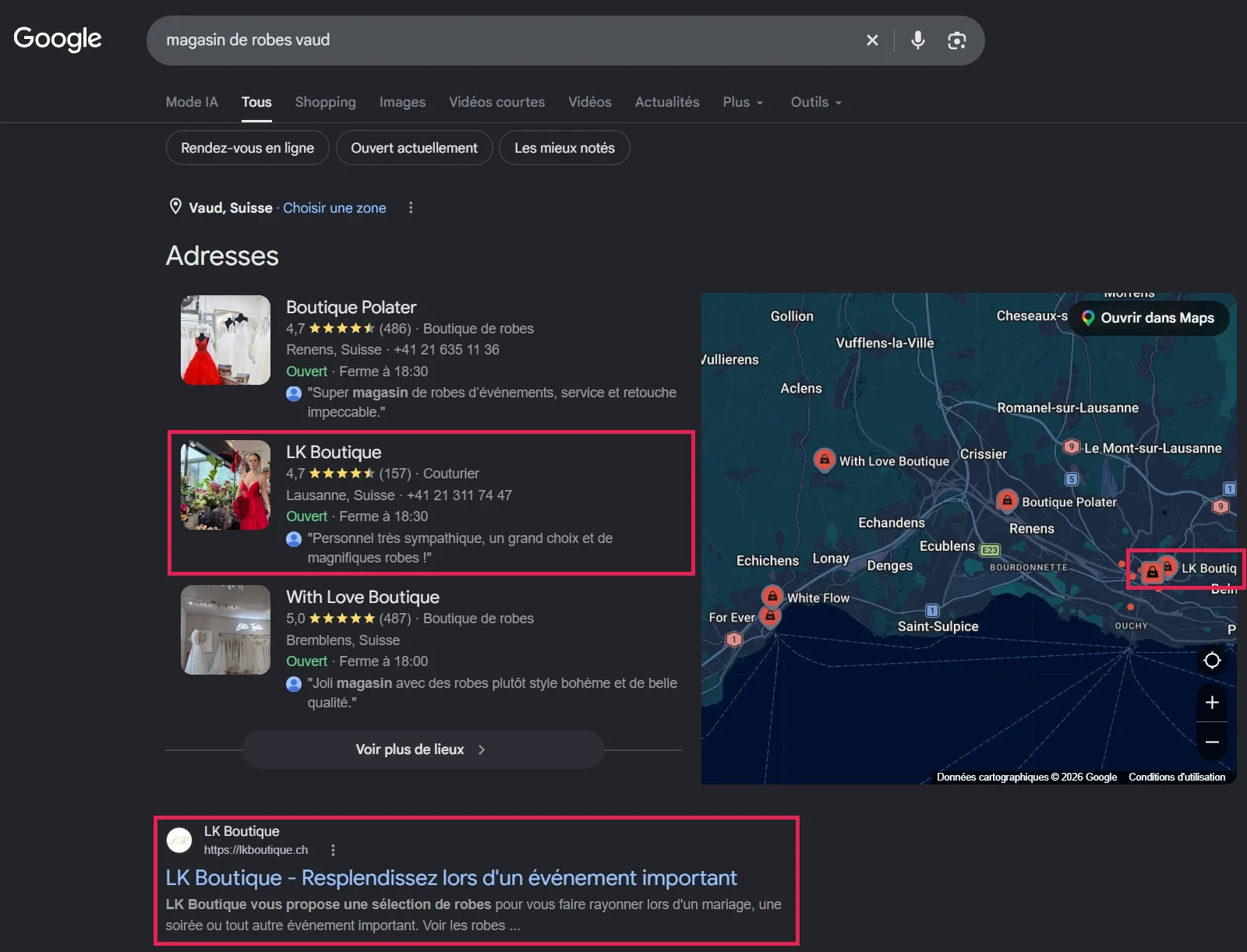 Résultats Google pour « magasin de robes vaud » : LK Boutique deuxième adresse de la carte, et lkboutique.ch premier résultat naturel